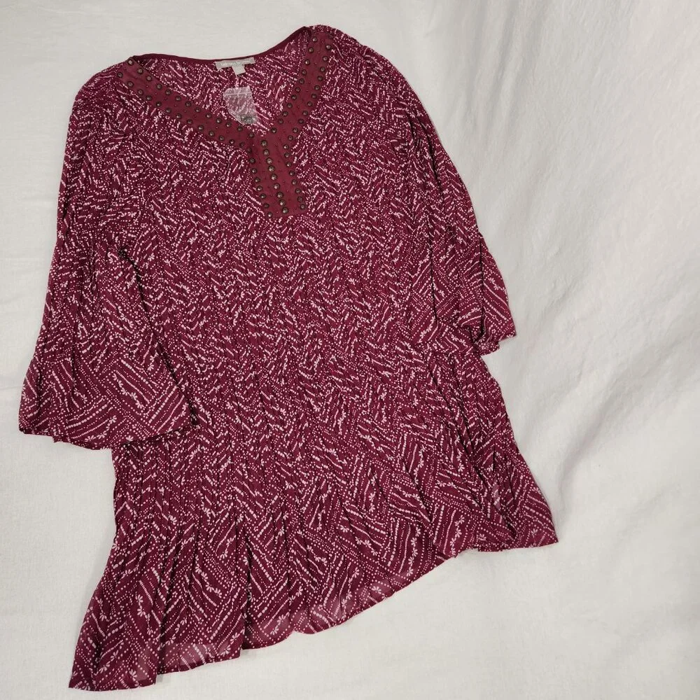 WOMAN WITHIN Flowy Crinkle Pink/White Studs Bell Sleeve Tunic Blouse Top Size 2X - Picture 6 of 16